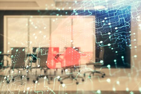 Double exposure of lock icon hologram on conference room background. Concept of cyber securityの写真素材