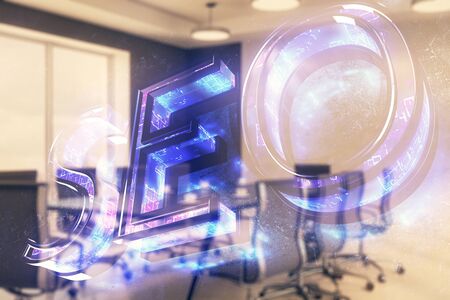 Double exposure of seo hologram on conference room background. Concept of search optimizationの写真素材