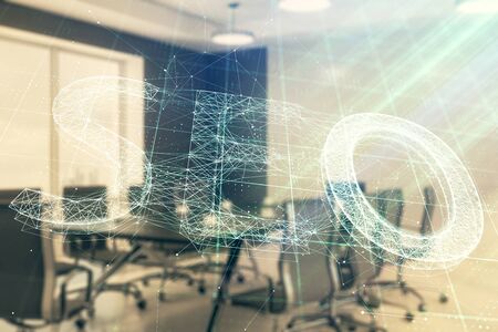 Double exposure of seo hologram on conference room background. Concept of search optimizationの写真素材