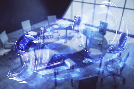 Double exposure of seo hologram on conference room background. Concept of search optimizationの写真素材