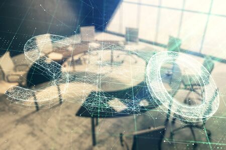 Double exposure of seo hologram on conference room background. Concept of search optimizationの写真素材