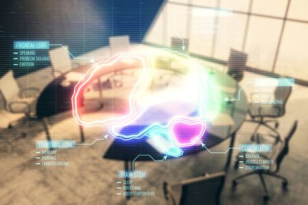 Double exposure of brain drawing on conference room background. Concept of educationの写真素材