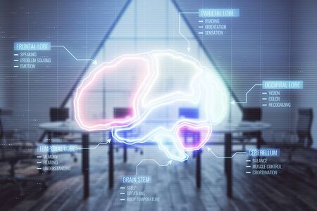 Double exposure of brain drawing on conference room background. Concept of educationの写真素材