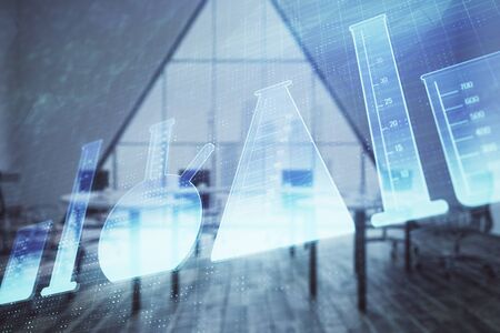 Double exposure of flasks drawing on conference room background. Concept of educationの写真素材