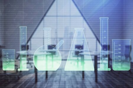 Double exposure of flasks drawing on conference room background. Concept of educationの写真素材