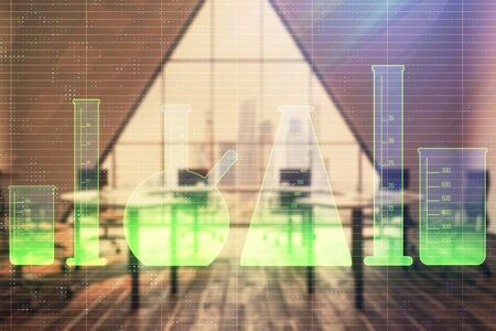 Double exposure of flasks drawing on conference room background. Concept of educationの写真素材