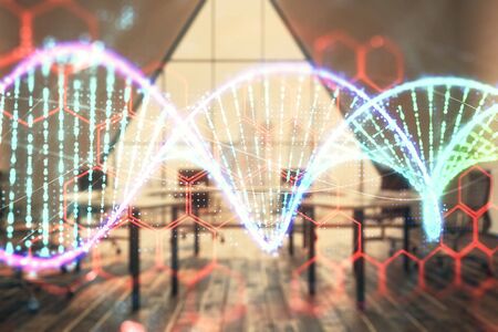 Double exposure of DNA hologram on conference room background. Concept of educationの写真素材