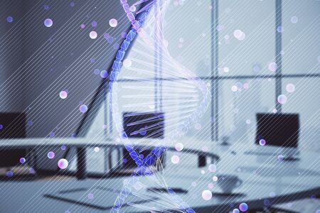 Double exposure of DNA hologram on conference room background. Concept of educationの写真素材