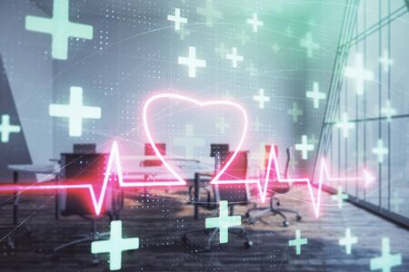 Double exposure of heart hologram on conference room background. Concept of medical educationの写真素材