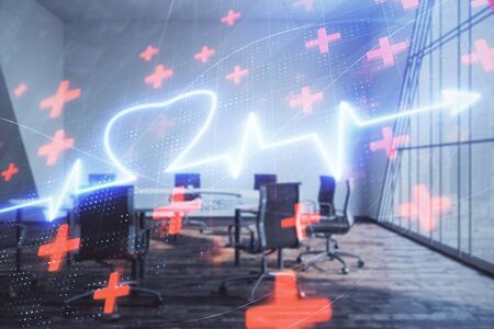 Double exposure of heart hologram on conference room background. Concept of medical educationの写真素材