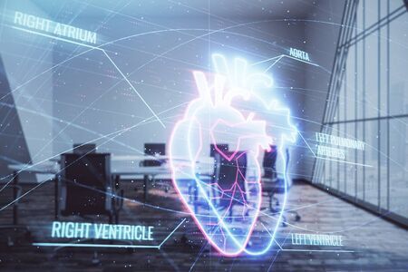 Double exposure of heart hologram on conference room background. Concept of medical educationの写真素材