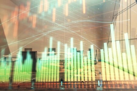 Multi exposure of stock market graph on conference room background. Concept of financial analysisの写真素材