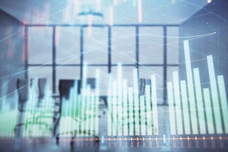 Multi exposure of stock market graph on conference room background. Concept of financial analysisの写真素材