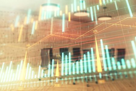 Multi exposure of stock market graph on conference room background. Concept of financial analysisの写真素材