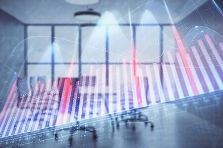 Multi exposure of stock market graph on conference room background. Concept of financial analysisの写真素材