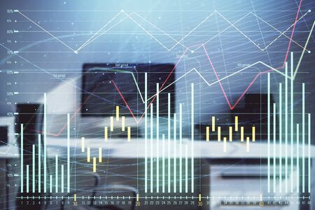Stock market chart and desktop office computer background. Multi exposure. Concept of financial analysis.の写真素材