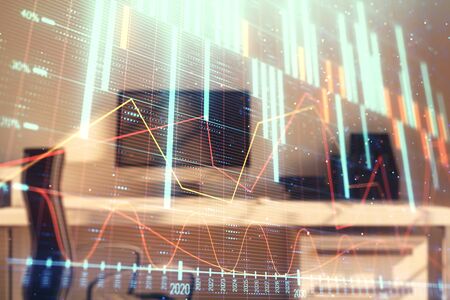 Stock market chart and desktop office computer background. Multi exposure. Concept of financial analysis.の写真素材