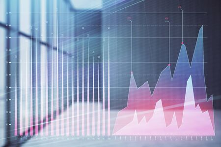 Double exposure of financial chart on empty room interior background. Forex market concept.の写真素材
