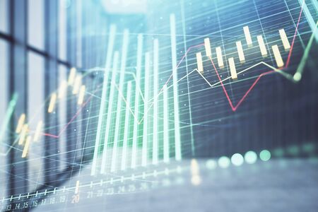 Double exposure of financial chart on empty room interior background. Forex market concept.の写真素材