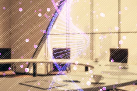 Double exposure of DNA hologram on conference room background. Concept of educationの写真素材