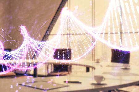 Double exposure of DNA hologram on conference room background. Concept of educationの写真素材