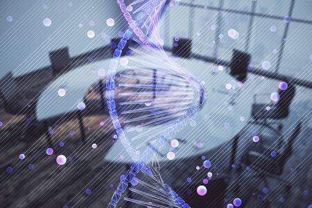 Double exposure of DNA hologram on conference room background. Concept of educationの写真素材