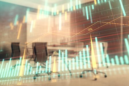Multi exposure of stock market graph on conference room background. Concept of financial analysisの写真素材