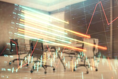 Multi exposure of stock market graph on conference room background. Concept of financial analysisの写真素材