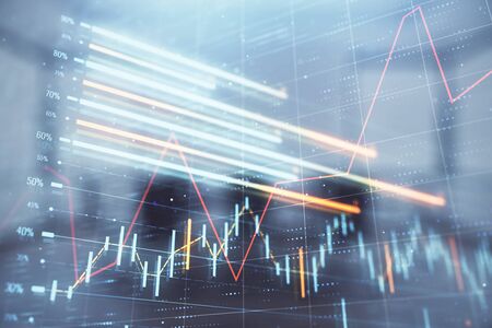 Multi exposure of stock market graph on conference room background. Concept of financial analysisの写真素材