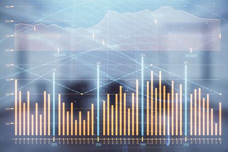 Multi exposure of stock market graph on conference room background. Concept of financial analysisの写真素材