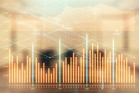 Multi exposure of stock market graph on conference room background. Concept of financial analysisの写真素材