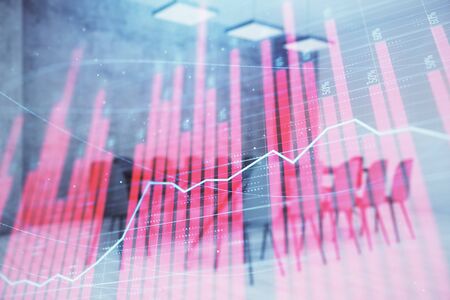 Multi exposure of stock market graph on conference room background. Concept of financial analysisの写真素材
