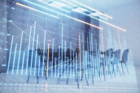 Multi exposure of stock market graph on conference room background. Concept of financial analysisの写真素材