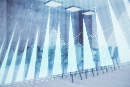 Multi exposure of stock market graph on conference room background. Concept of financial analysisの写真素材