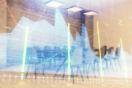 Multi exposure of stock market graph on conference room background. Concept of financial analysisの写真素材