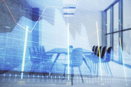Multi exposure of stock market graph on conference room background. Concept of financial analysisの写真素材