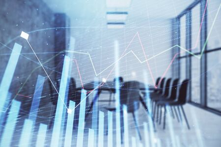 Multi exposure of stock market graph on conference room background. Concept of financial analysisの写真素材