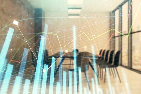 Multi exposure of stock market graph on conference room background. Concept of financial analysisの写真素材