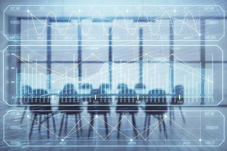 Multi exposure of stock market graph on conference room background. Concept of financial analysisの写真素材