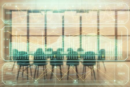 Multi exposure of stock market graph on conference room background. Concept of financial analysisの写真素材