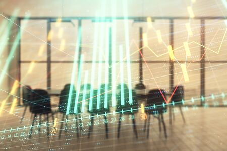 Multi exposure of stock market graph on conference room background. Concept of financial analysisの写真素材