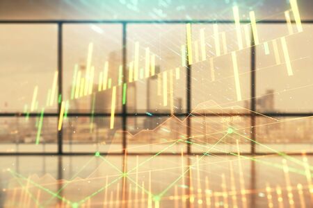 Double exposure of financial chart on empty room interior background. Forex market concept.の写真素材
