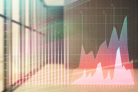 Double exposure of financial graph on empty room interior background. Forex market concept.の写真素材