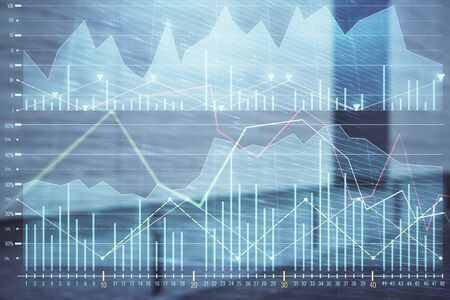 Double exposure of stock market graph on empty exterior background. Concept of analysisの写真素材