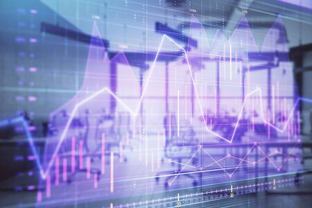 Stock and bond market graph with trading desk bank office interior on background. Multi exposure. Concept of financial analysisの写真素材