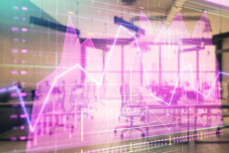 Stock and bond market graph with trading desk bank office interior on background. Multi exposure. Concept of financial analysisの写真素材