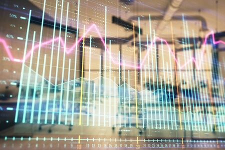 Stock and bond market graph with trading desk bank office interior on background. Multi exposure. Concept of financial analysisの写真素材