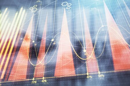 Stock and bond market graph with trading desk bank office interior on background. Multi exposure. Concept of financial analysisの写真素材
