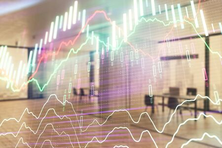 Stock and bond market graph with trading desk bank office interior on background. Multi exposure. Concept of financial analysisの写真素材