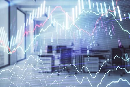 Stock and bond market graph with trading desk bank office interior on background. Multi exposure. Concept of financial analysisの写真素材